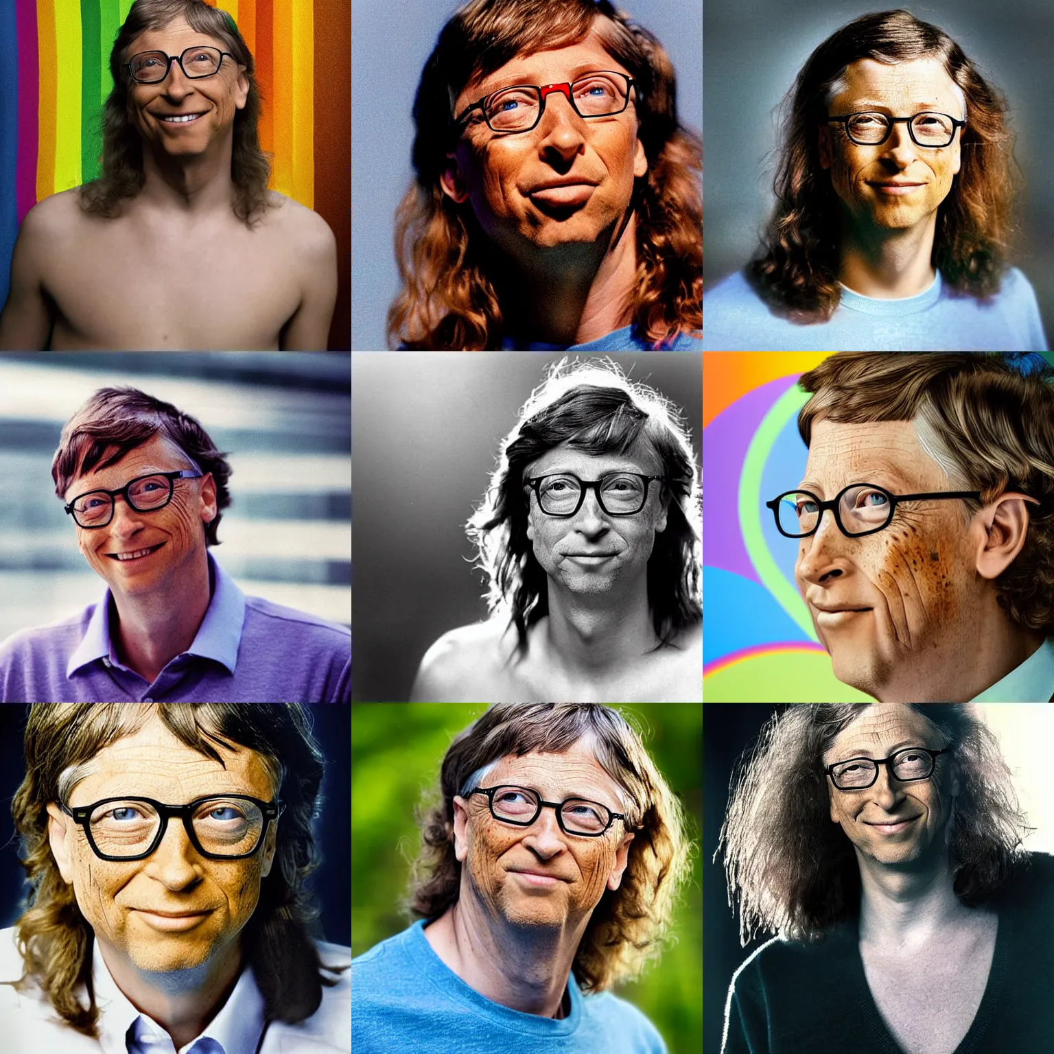 Prompt: real photograph, bill gates rainbow long hair, shirtless, in legnica, macro head shot, photo mid shot