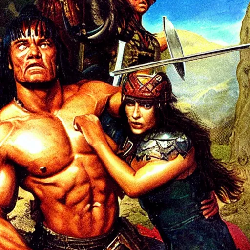 Prompt: portrait of conan the barbarian protecting the queen of zamorra from an attack by giant lizards