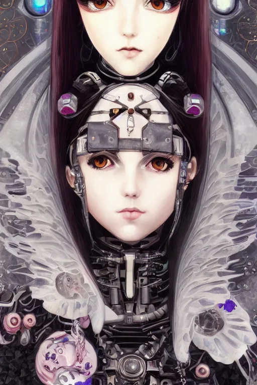 Image similar to portrait of beautiful young gothic cyborg anime maiden. Anime, cyberpunk, Warhammer, highly detailed, artstation, illustration, art Gustav Klimt. Face by Ilya Kuvshinov, cute-fine-face, pretty face, realistic shaded Perfect face, fine details