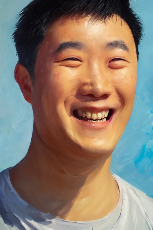 Prompt: palette knife oil painting portrait of jiahao jaja zhang is a podgy, ever - smiling follower. extreme detail, any racial background, artstation trending, artgerm, deviant art, octane, substance, art history 8 k