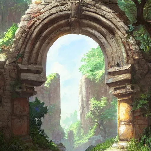 Image similar to concept art painting of an ornate ancient stone archway, in the woods, realistic, detailed, cel shaded, in the style of makoto shinkai and greg rutkowski and james gurney