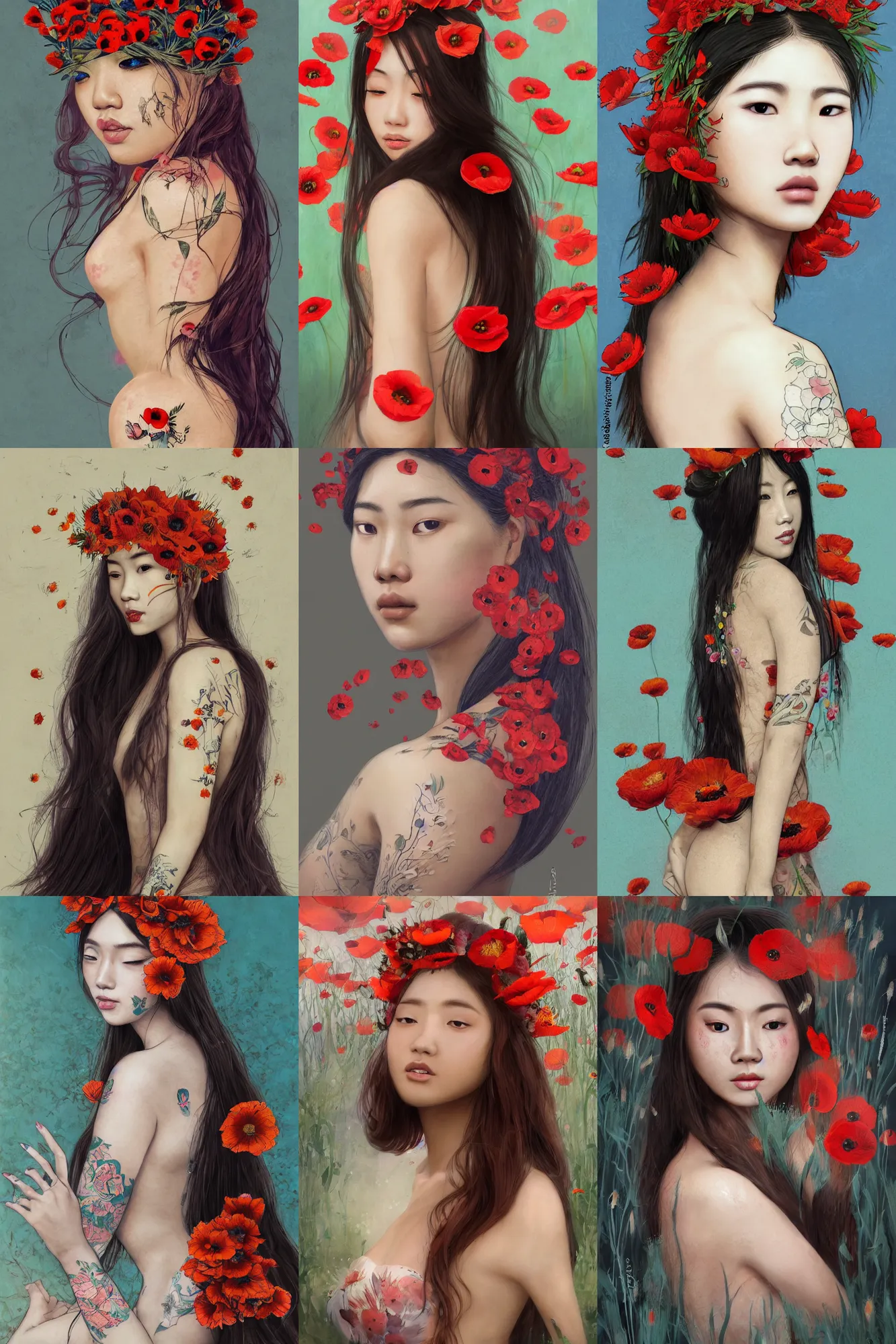 Prompt: Painting of a beautiful Asian girl with freckles and koi tattoo on her body, wearing a flower headpiece made of red poppies, long flowy hair, surrounded by big flowers, porcelain skin, cinematic lighting, photo realistic, cinematic lighting, bokeh, warm lights, highly detailed, maya, digital painting, artstation, concept art, sharp focus, illustration, by Mucha, Raphael, Caravaggio, Beksinski, Giger