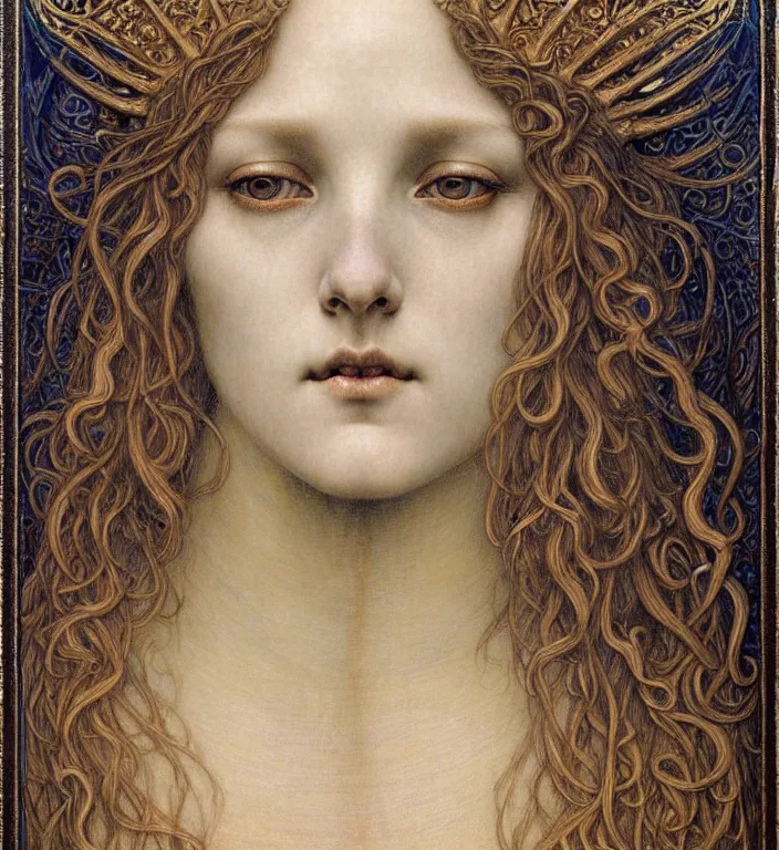 Image similar to detailed realistic beautiful young medieval queen face portrait by jean delville, gustave dore and marco mazzoni, art nouveau, symbolist, visionary, gothic, pre - raphaelite. horizontal symmetry