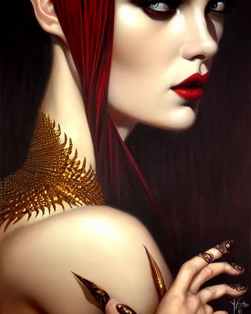 Image similar to portrait of a beautiful goddess, enigmatic beauty, dominant shades of black, gold silver, dark red, white, head in focus, fantasy art, ornamental aesthetics, intricate, elegant, highly detailed, hyperrealistic, artstation, concept art, soft illumination, painterly, sharp focus, art by karol bak