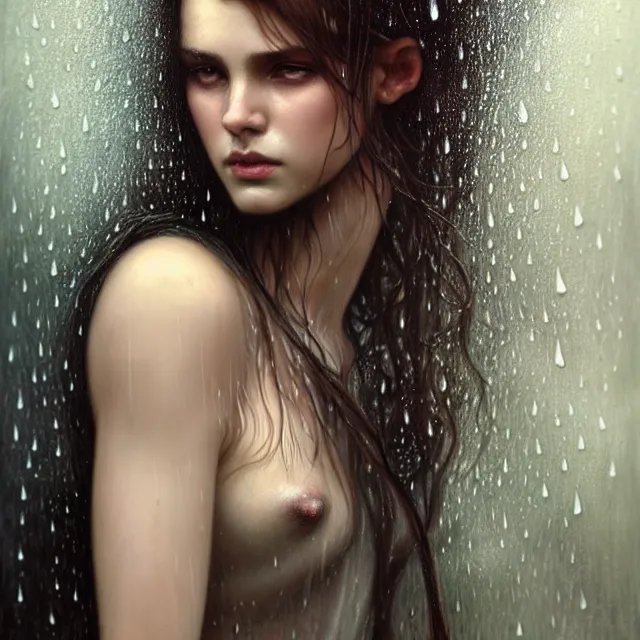 Prompt: bright portrait surreal rain on face and wet hair, diffuse overhead lighting, fantasy, intricate, elegant, dramatic lighting, highly detailed, lifelike, photorealistic, digital painting, artstation, illustration, concept art, smooth, sharp focus, art by John Collier and Albert Aublet and Krenz Cushart and Artem Demura and Alphonse Mucha