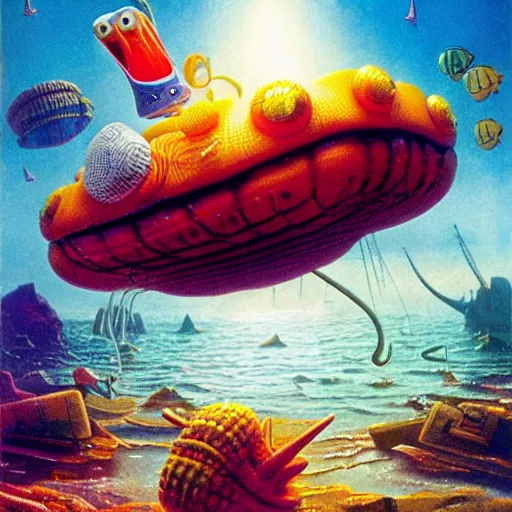 Image similar to ridley scott spongebob, epic, cinematic shot, 8k, by Bruce Pennington, sharp focus, highly detailed, saturated