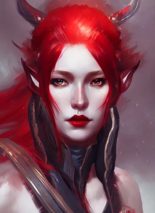 Prompt: Half-body portrait an elven warrior princess with black and red hair. In style of Hyung-tae Kim and Greg Rutkowski, concept art, trending on ArtStation, Korean MMORPG, over-detailed art, 8K, epic, dynamic lightning, dramatic pose.