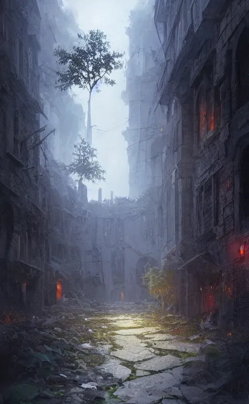 Prompt: a beautiful artwork illustration, a single lush tree in a destroyed medieval city, volumetric fog, godrays, high contrast, high contrast, high contrast, vibrant colors, vivid colors, high saturation, by Greg Rutkowski and Jesper Ejsing and Raymond Swanland, featured on artstation, wide angle, vertical orientation