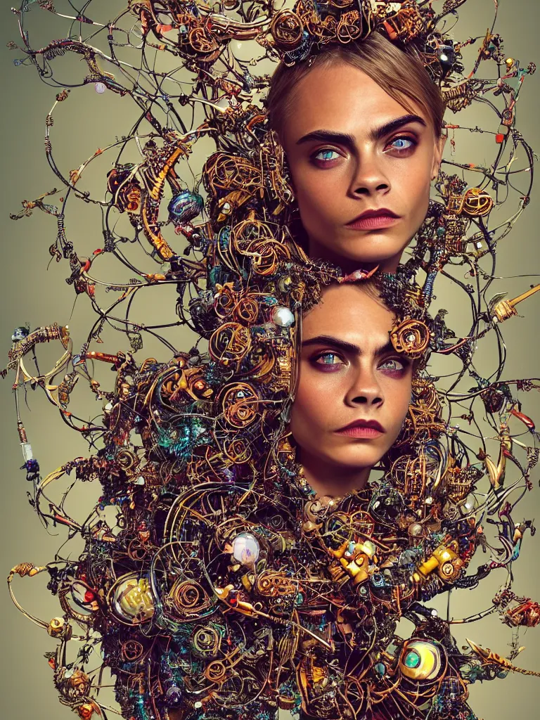 Image similar to a photo real centered image of cara delevingne beautiful tribal goddess surrounded by intertwining bio - mech tendrils made of machine and robot parts and gemstones and leaves and feathers and incense smoke, full body, gorgeous face, perfect face, powerful, by james jean, by ross tran, 3 d, cinema 4 d render, trending on artstation, octane render, 8 k