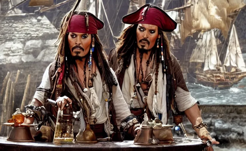 Prompt: a still of jack sparrow in a rum fountain in pirates of the caribbean ( 2 0 0 3 ), old cartoon style,
