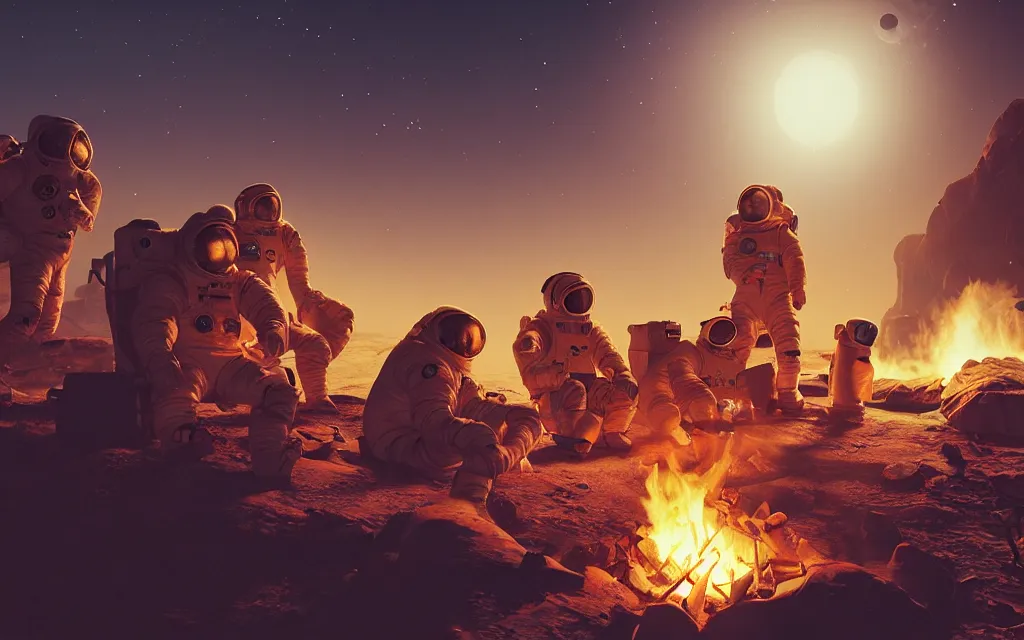 Prompt: Three astronauts sitting around a campfire on a desolate planet, digital art, 4k, ArtStation, epic composition, unreal engine