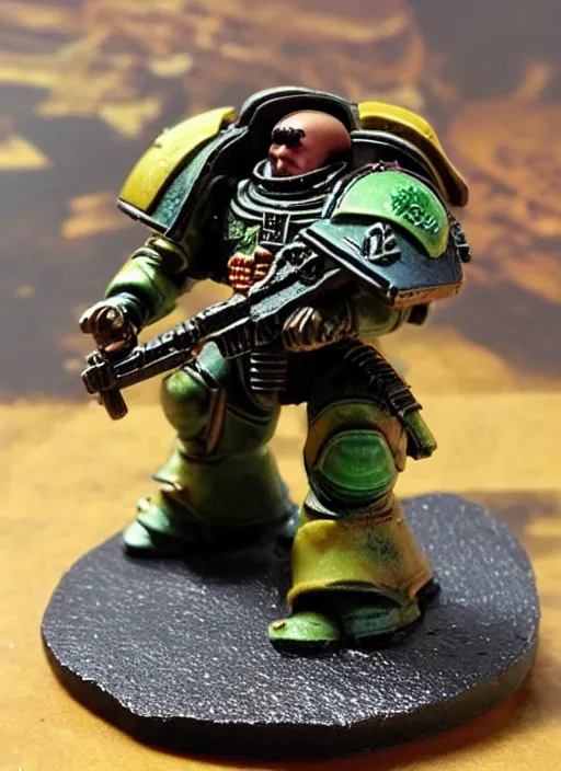 Prompt: 8 0 mm resin detailed miniature of a warhammer 4 0 k space marine sitting at a table eating a delicious pizza, product introduction photos, 4 k, full body,