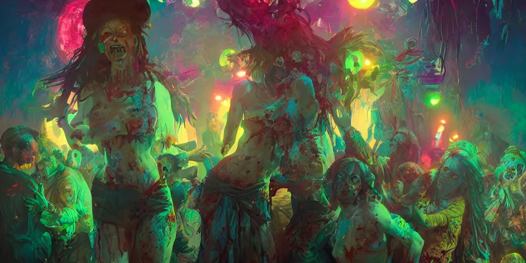 Image similar to a zombie disco party, vivid colors, extremely detailed digital painting, mystical colors, rim light, beautiful lighting, 8 k, stunning scene, raytracing, octane, trending on artstation, art by artgerm and greg rutkowski and alphonse mucha and loish and wlop