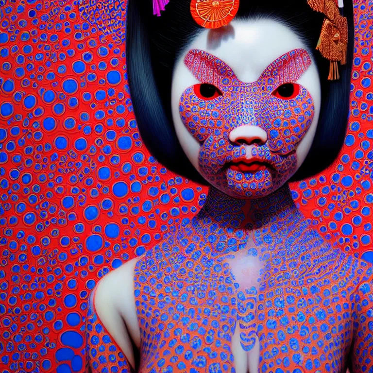 Image similar to hyperrealistic detailed image of a geisha in a art installation room, hd smooth interior by yayoi kusama, part by kei mieno, part by ross tran, dark art by james jean, ultra realistic, highly detailed, life like face, detailed body, 8 k, 3 d render by roger magrini, very cohesive, masterpiece