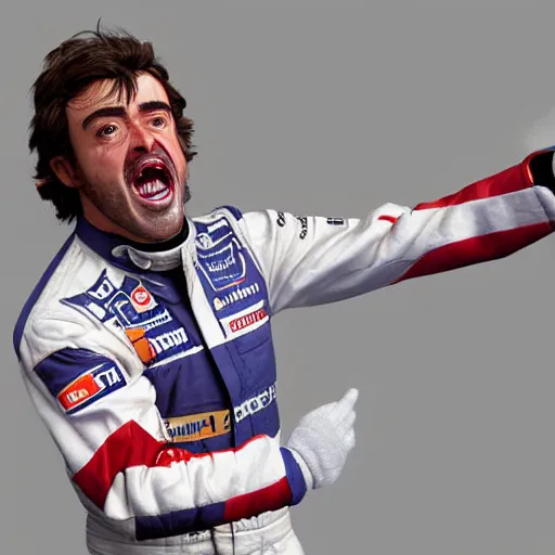 Prompt: wax figure of fernando alonso, screaming,, realism, 4 k, award winning photograph octane render, award winning photograph