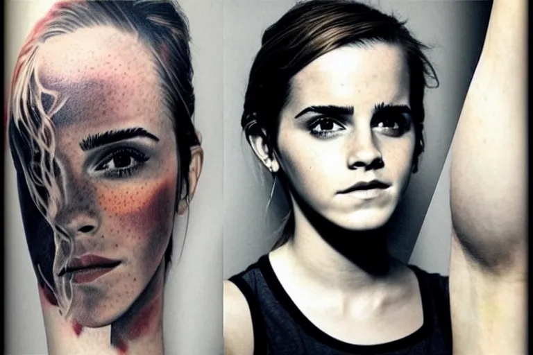 Image similar to emma watson, dope tattoo, hyperrealistic