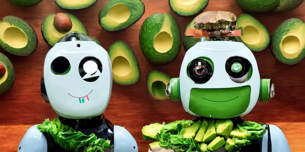 Image similar to robot with avocado head and cute eyes that has forks instead of arms