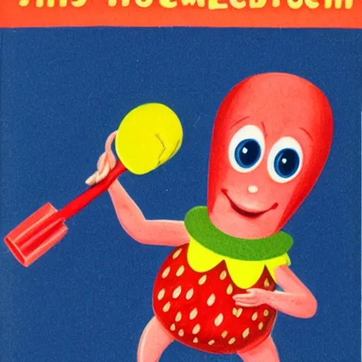 Image similar to a cartoon strawberry with big eyes, arms and legs, drooling, holding a bright yellow tooth brush, in the style of little golden books