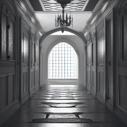 Image similar to small dark corridor that leads to a majestic beautiful palace, natural light with shadows, octane rendered,