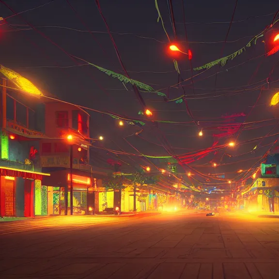 Image similar to Downtown Mexico, string lights, colorful lighting, night, realism, rule of thirds photo, intricate abstract, ((gta 5 screenshot house)), by Tooth Wu, by Greg Rutkowski, studio Ghibli