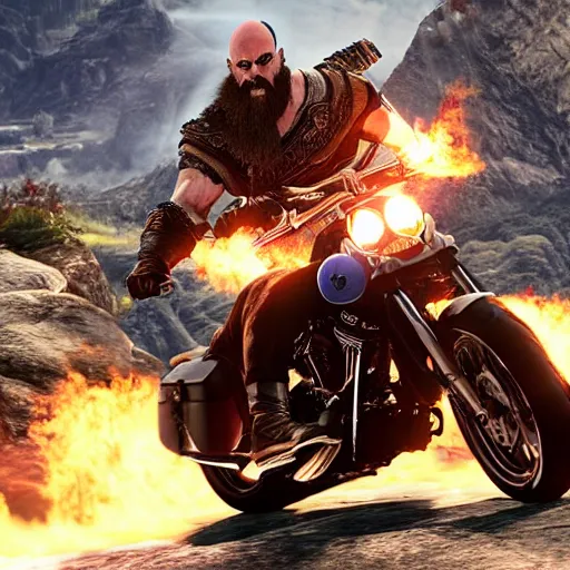 Image similar to kratos jumping a black harley - davidson motorcycle off a cliff, cinematic render, playstation studios official media, god of war 2 0 1 8, flames, centered