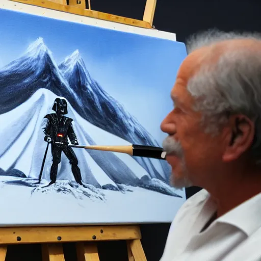 Image similar to a closeup photorealistic photograph of bob ross working on a canvas painting of darth vader. film still. brightly lit scene. mountains and trees. this 4 k hd image is trending on artstation, featured on behance, well - rendered, extra crisp, features intricate detail, epic composition and the style of unreal engine.