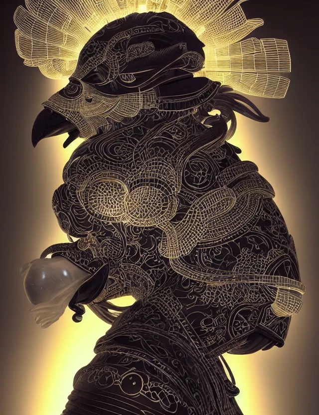 Image similar to 3 d goddess close - up profile portrait of cultist monk in hooded robe with ram skull. beautiful intricately detailed japanese crow kitsune mask and clasical japanese kimono. betta fish, jellyfish phoenix, bio luminescent, plasma, ice, water, wind, creature, artwork by tooth wu and wlop and beeple and greg rutkowski