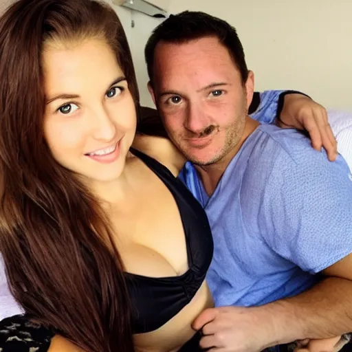Image similar to photo of a 4 0 year old man that looks young for his age dating a very attractive 2 2 year old woman wearing a bikini. they in a college dorm.