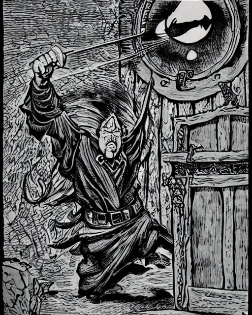 Prompt: pen and ink drawing of evil mage casting a spell as a portal opens behind him, fighting fantasy style image, by steve jackson and ian livingstone, highly detailed