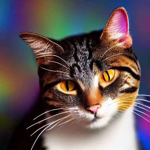 Image similar to a high - quality photo of a cat wearing a sequined designer cape, hyperrealistic, textured, animal portrait, dark rainbow, bokeh, f 2. 8