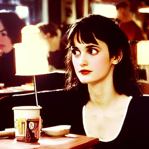 Image similar to young Winona Ryder at a diner, head and shoulders portrait, extremely detailed masterpiece, Roger Deakin’s cinematography, oil on canvas, Norman Rockwell.