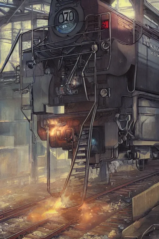 Prompt: graffiti vandal writing graffiti on a train in a train yard, illustrated by greg rutkowski and moebius and loish and artgerm, painterly, illustration, backlit, beautiful artist rendering, gorgeous, masterpiece