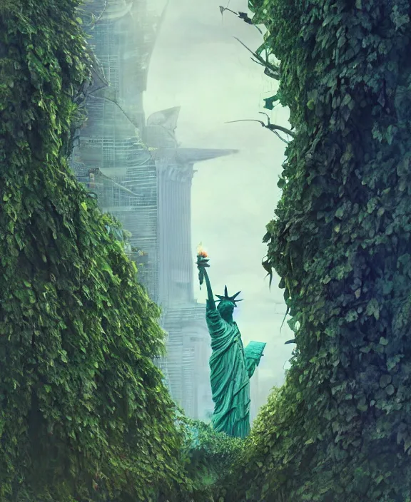 Image similar to highly detailed digital matte painting of a Lady Liberty statue with a few vines and nature with overgrowth Full shot. By Raphael LaCoste and Ruan Jia and Robert McCall, postcyberpunk, geodesic dome, hyperdetailed, sunrise, wide shot, autochrome, octane render