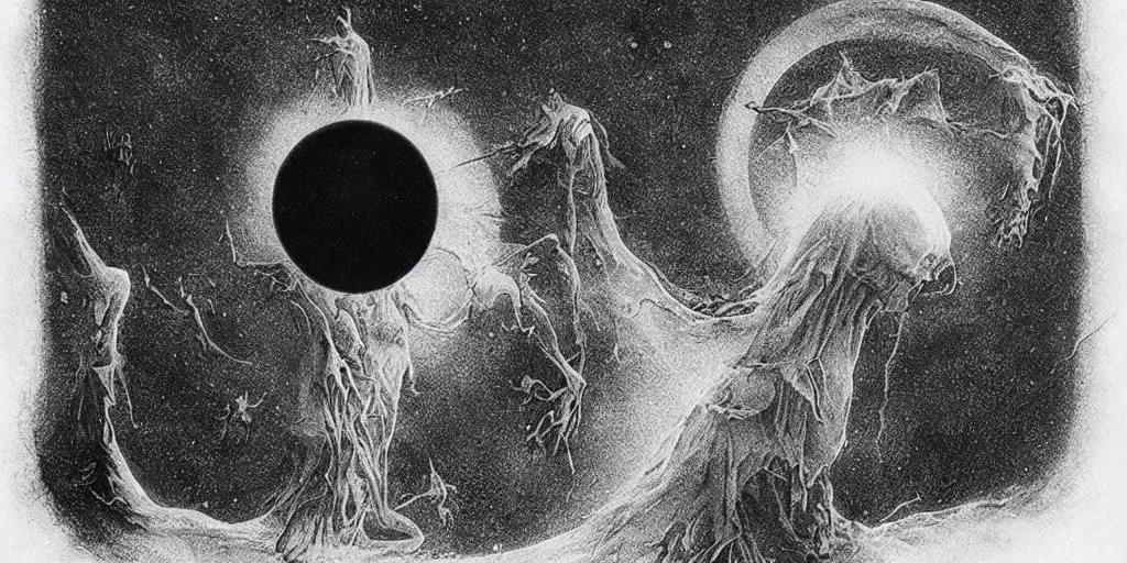 Image similar to dawn of creation; first atom; beings of light and darkness; ethereal plane. illustrated by maurice sendak and Stephen Gammell