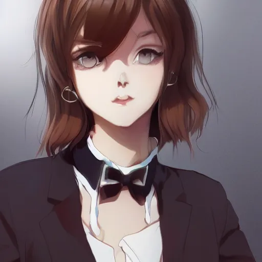 Image similar to portrait of a girl with short brown hair, wearing a white blouse and black choker, smoking a cigarette, drawn by WLOP, by Avetetsuya Studios, attractive character, colored sketch anime manga panel, unsaturated, dull colors, trending on Artstation