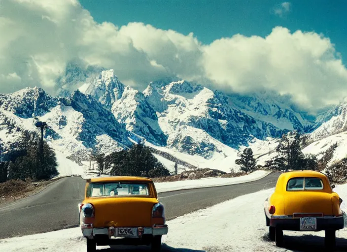 Image similar to A very high resolution image from a new movie, landscape from a car window , mountains, snowy, snowy mountains, Polaroid, directed by wes anderson