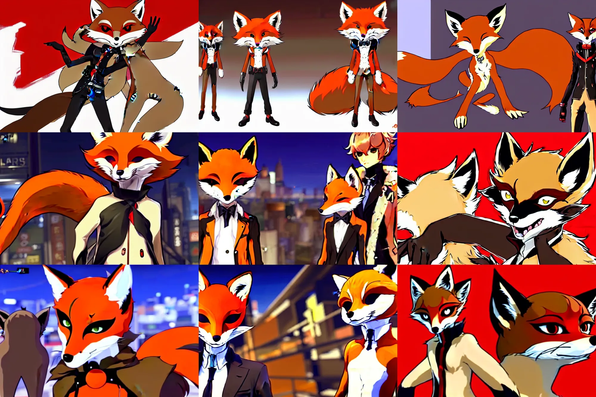 Image similar to a furry tan male fox on a persona 5 : royal ( by atlus ) video game splash screen, a furry male sandy sand - colored beige tan fur fox fursona ( has light brown hair ), persona 5 phantom thief style