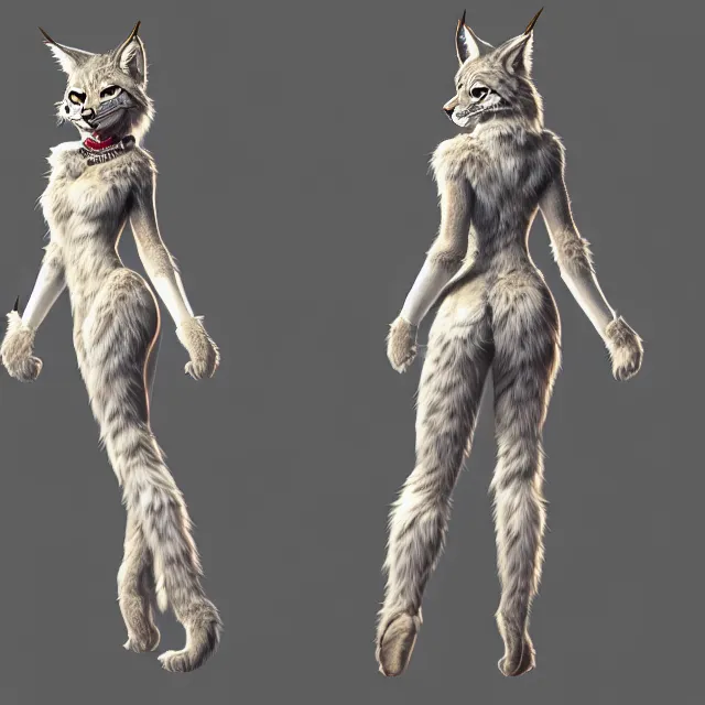 Image similar to the full body of anthropomorphic lynx fursona from behind wearing a steampunk suit as unimaginably beautiful, gorgeous, elegant, young woman with lynx head, an ultrafine hyperdetailed illustration by furaffinity, intricate linework, white fur, unreal engine 5 highly rendered, global illumination, radiant light, detailed and intricate environment