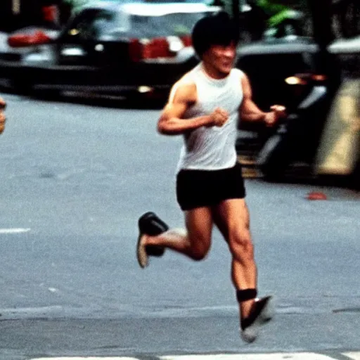 Prompt: jackie chan getting robbed in rio de janeiro running after the thief