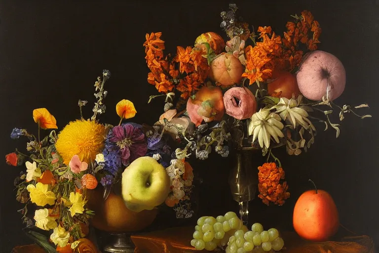 Prompt: still life in space, with flowers and fruit, in the style of the dutch masters, dark and moody