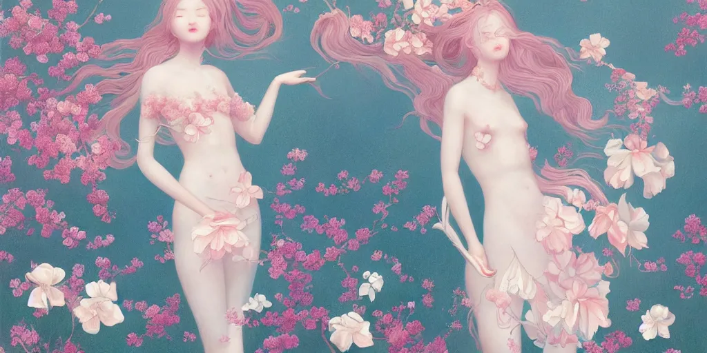 Image similar to breathtaking delicate painting pattern blend of flowers and girls, by hsiao - ron cheng, bizarre compositions, many exquisite detail, pastel colors, 8 k