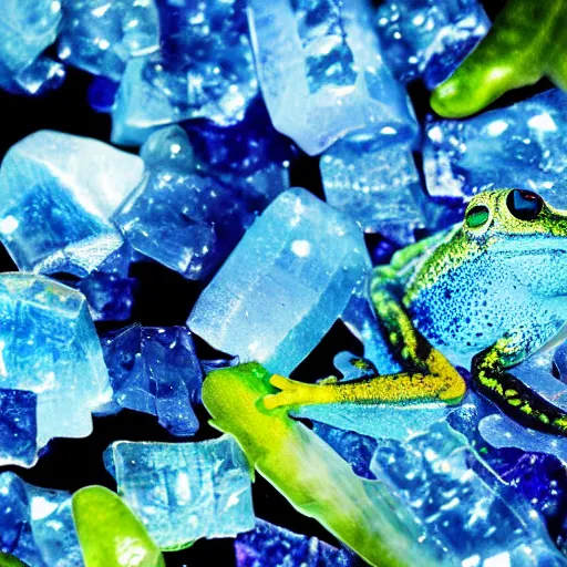 Image similar to investors in a cave full of blue crystals and frogs