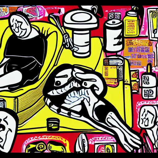 Image similar to surgery operating table, in the style of daniel johnston and outsider art, 8k, line brush, overlaid with chinese adverts