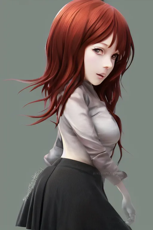 Image similar to Very complcated dynamic composition, realistic anime style at Pixiv, Zbrush sculpt colored, Octane render in Maya and Houdini VFX, young redhead girl in motion, wearing jacket and skirt, silky hair, black stunning deep eyes. By ilya kuvshinov, krenz cushart, Greg Rutkowski, trending on artstation. Amazing textured brush strokes. Cinematic dramatic soft volumetric studio lighting