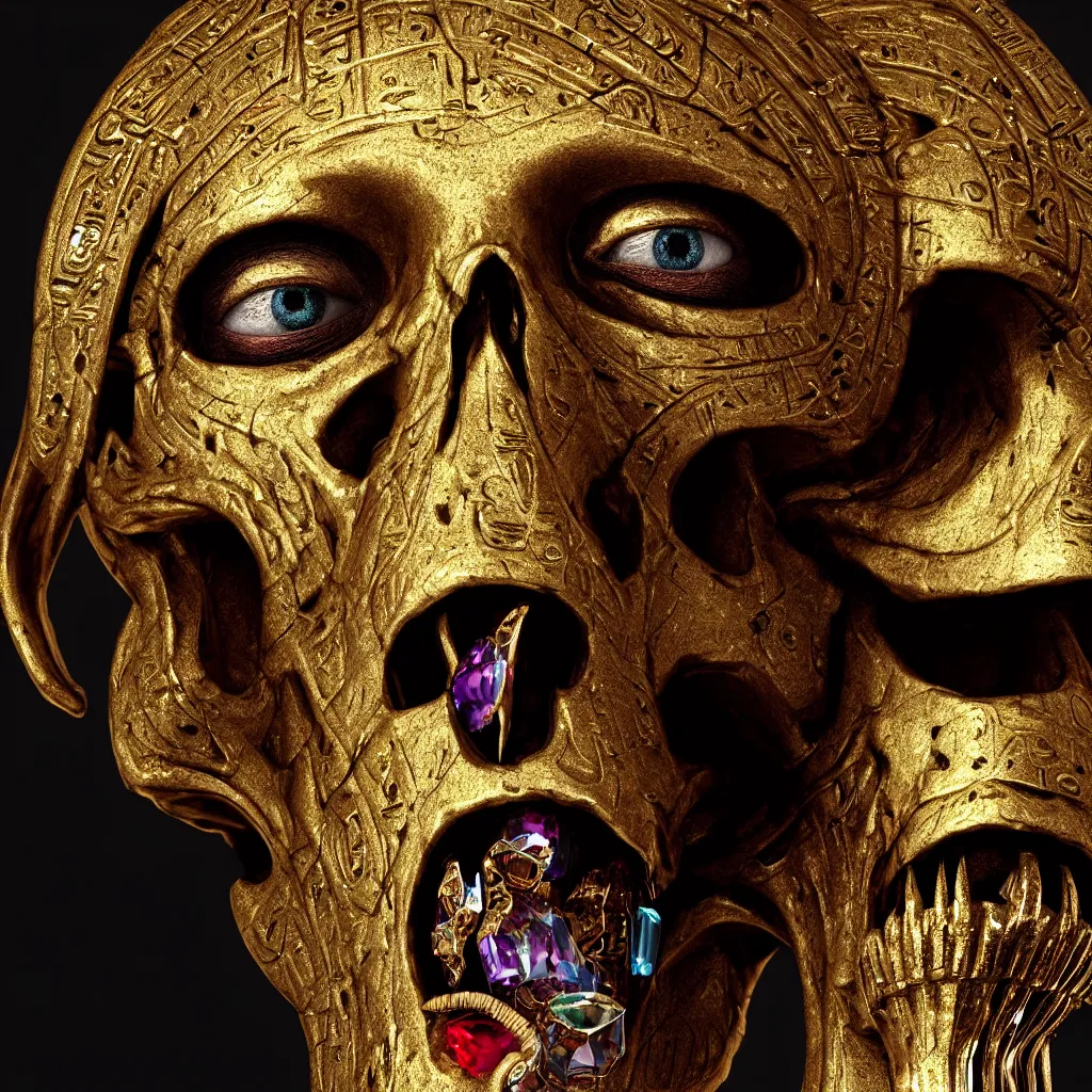 Prompt: Photorealistic epic egyptian god face close up portrait human skull, ram skull, jackal skull, gold, gemstones, gems, jewels. ominous, ancient magic, scary intricate artwork by Tooth Wu and beeple and Jake Baddeley. octane render, trending on artstation, greg rutkowski very coherent symmetrical artwork. cinematic, hyper realism, high detail, octane render, 8k