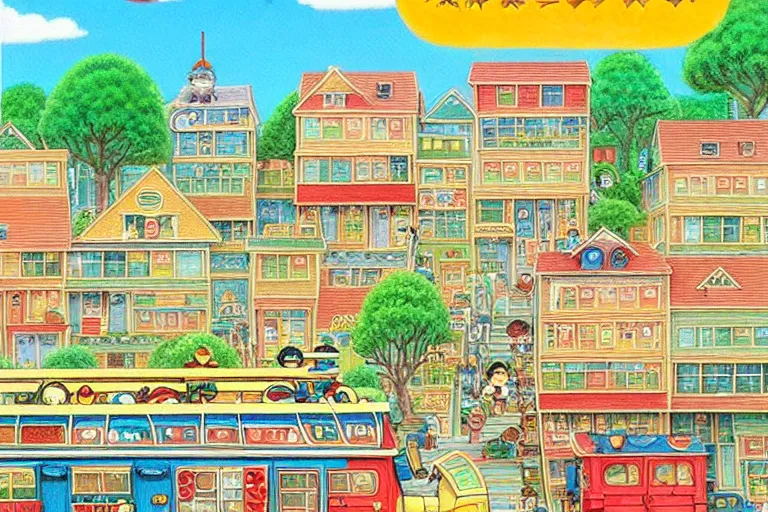 Prompt: an elaborate painting of a peaceful neighborhood, detailed, penned illustrations, by richard scarry and studio ghibli!!!!!!!!!!!