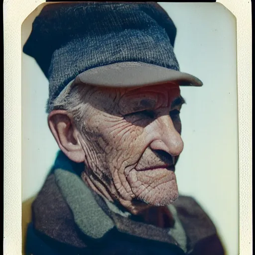 Prompt: polaroid photo of an older man, about 7 0 years old, with wrinkles on his face, looking towards infinity with a sad look, a two - day beard and a woolen cap while his lips are chapped by the sun, as well as his dark complexion