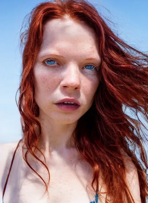 Image similar to close up portrait photograph of a thin young redhead woman with russian descent, sunbathed skin, with deep blue eyes. wavy long maroon colored hair. she looks directly at the camera. slightly open mouth, face takes up half of the photo. a park visible in the background. 5 5 mm nikon. intricate. detailed 8 k. cinematic postprocessing. award winning. luis royo.