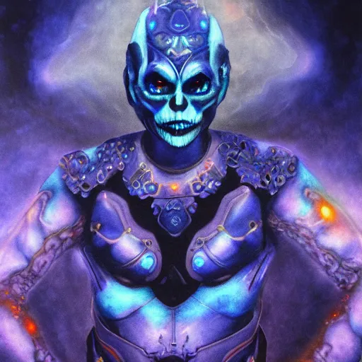 Image similar to singularity blue demon seated, with high tech body interface. iridescent textures. highly detailed fantasy science fiction painting. highly detailed fantasy science fiction painting by vrubel and chris cunningham. smoke and light glow. dark. artstation