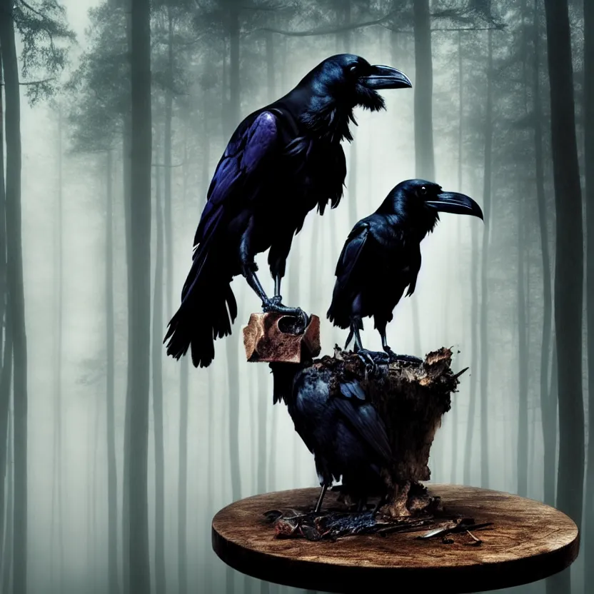 Prompt: a Raven standing on human skull on a table in a foggy forest, by Casey Baugh, Steve Caldwell, Gottfried Helnwein, and Artgerm, 8k resolution, masterpiece work.